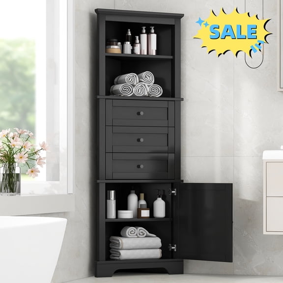 Tcbosik Bathroom Storage Cabinet, Corner Cabinet with Adjustable Shelves, 68.9" Tall Floor Cabinet with Door and 3 Drawers for Small Space, Living Room, Entryway, Black