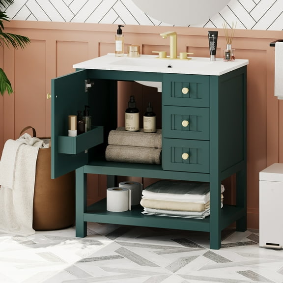 Tcbosik Bathroom Vanity with Ceramic Sink, 30" Floor Standing Vanity Storage Cabinet with Drawers, Open Shelf & Soft Close Door, Space Saving, Green