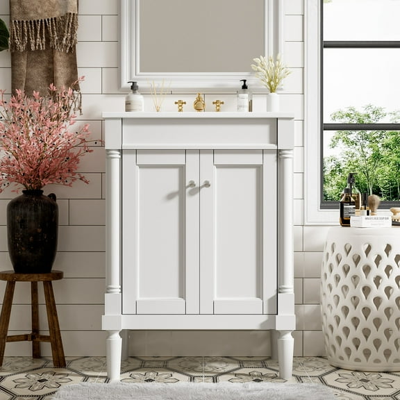Tcbosik Bathroom Vanity with Ceramic Sink Combo, 24 inch Wooden Vanity Cabinet with Adjustable Shelf and 2 Soft Close Doors for Small Space, White