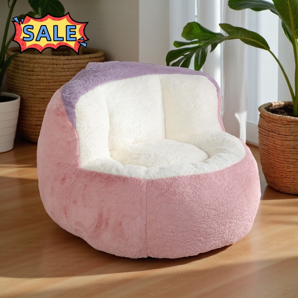 Tcbosik Bean Bag Chair, Comfy Faux Fur Reading Chair for Adults, Single Sofa Chair, Lounge Chair for Home Office, Pink+White+Purple