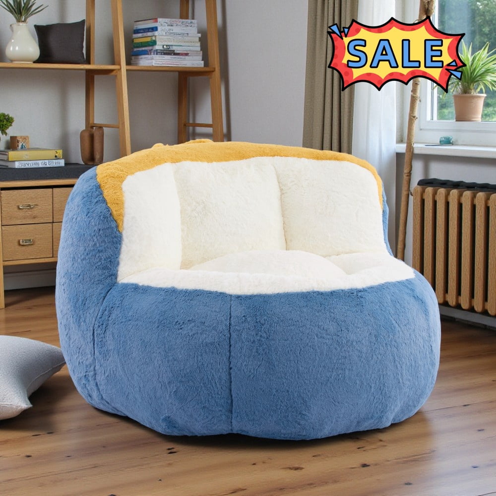 Tcbosik Bean Bag Chairs for Adults, Faux Fur Lounge Chair for Living Room, Bedroom, No Assembly Needed, Blue+White+Yellow