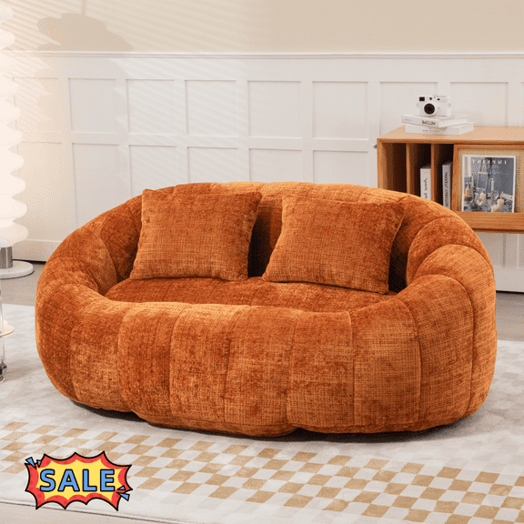 Tcbosik Bean Bag Sofa for Adults, 2 Seater Chenille Couch, Comfy Sofa for Living Room, No Assembly Required, Orange