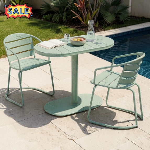 Tcbosik Bistro Table and Chairs Set of 2, 3 Piece Metal Outdoor Furniture Set, Oval Table and 2 Armchairs for Balcony, Backyard, Garden, Porch, Green