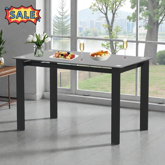 Tcbosik Rectangular Dining Table with Glass Top for 2-4 Person, 47.3 inch Modern Kitchen Table with Metal Legs, Easy Assembly, Black