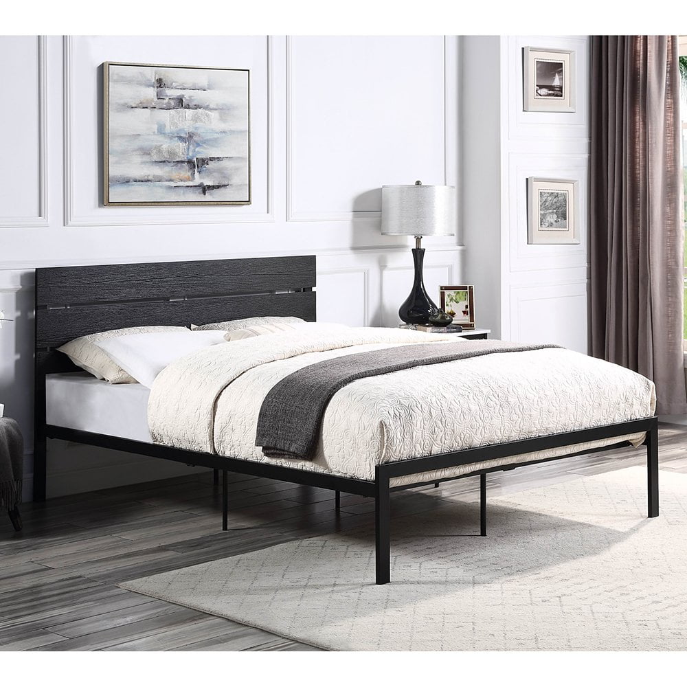Tcbosik Black Metal Bed, Full Size Metal Bed Frame with Wood Headboard