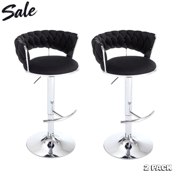 Tcbosik Black Velvet Upholstered 360°Swivel Bar Stools Set of 2, 23.62"-32.08" Adjustable Counter & Bar Seat Height, with Curved Back, Cushioned Seat Chrome Base, Modern Dining & Bar Seating