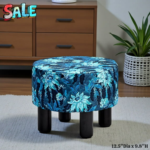 Tcbosik Blue Floral Print Upholstered Ottoman, Round Decorative Accent Footstool with Pine Wood Legs, 300 lbs Capacity, Vintage Style for Bedroom and Living Room