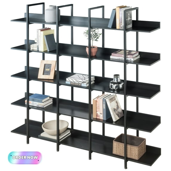 Tcbosik Bookcase, 5-Tier Industrial Bookshelf with Open Shelves and Metal Frame for Living Room, Bedroom, Home Office, Black
