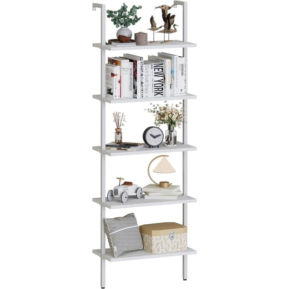 Tcbosik Bookcase, Ladder Shelf, Wooden Open Bookshelf ,5 Tier Wood Wall Mounted Open Display Storage Shelves for Home, Office, Collection, White