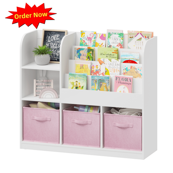 Tcbosik Bookshelf with 3 Collapsible Fabric Drawers, Bookcase with Open Shelves, Display Rack for Small Space, Storage Organizer for Bedroom, Hallway, Living Room, White+Pink