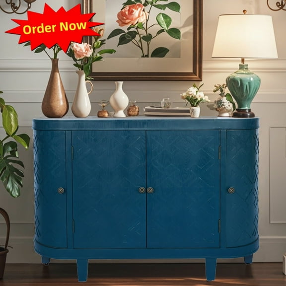 Tcbosik Buffet Cabinet with 4 Doors, 47" Oval Sideboard Cabinet with Storage Shelves, Kitchen Credenza, Accent Cabinet for Dining Room, Living Room, Antique Blue Green