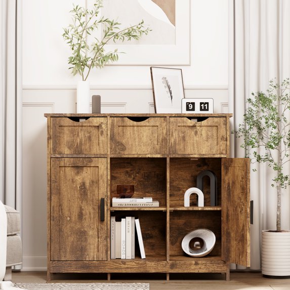 Tcbosik Buffet Cabinet with Storage, 35.4" Sideboard with 2 Doors and 3 Drawers, Modern Coffee Bar Cabinet, Credenza Cupboard for Kitchen, Dining Room, Living Room, Easy Assembly, Rustic Brown