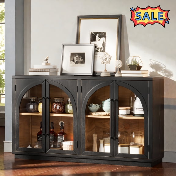 Tcbosik Buffet Cabinet with Storage, 60" Large Sideboard with 4 Glass Doors, Modern Coffee Bar Cabinet with Adjustable Shelves for Kitchen, Dining Room, Living Room, Black