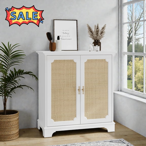 Tcbosik Buffet Cabinet with Storage, Sideboard with 2 Rattan Decorated Doors, Cupboard with Adjustable Shelf and Solid Wood Legs, Coffee Bar Cabinet for Kitchen, Entryway, Hallway, Living Room, White