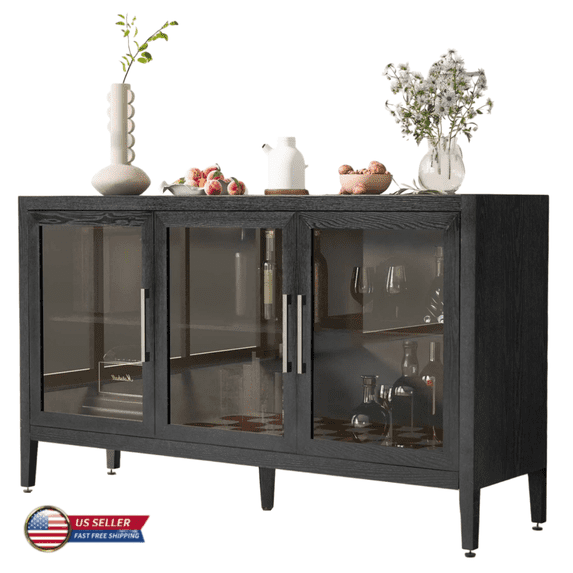 Tcbosik Buffet Sideboard with 3 Tempered Glass Doors, Coffee Bar Cabinet with Adjustable Shelf, Console Cabinet for Hallway Entryway Living Room Dining Room, Black