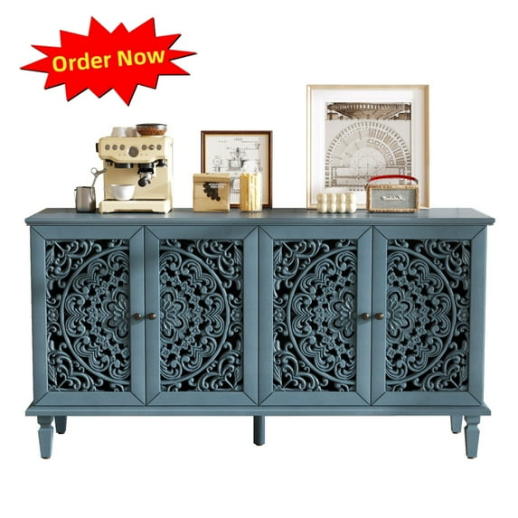 Tcbosik Buffet Sideboard with 4 Doors, 60 inch Storage Cabinet with Adjustable Shelves, Large Coffee Bar Cabinet for Living Room, Dining Room, Kitchen, Antique Blue
