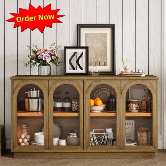 Tcbosik Buffet Sideboard with 4 Glass Doors, Modern Credenza with Adjustable Shelves, Coffee Bar Cabinet, Console Cabinet for Hallway, Living Room, Dining Room, Old Pine Color