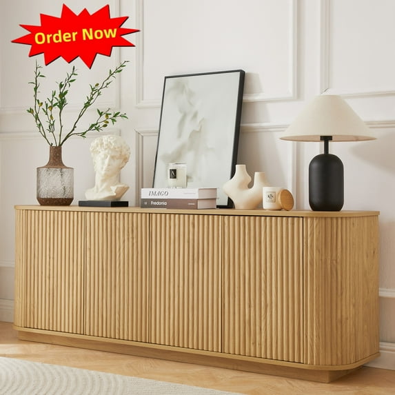 Tcbosik Buffet Storage Cabinet with 4 Doors, 64" Coffee Bar Cabinet, Kitchen Cupboard with Adjustable Shelves for Dining Room, Living Room, Hallway, Natural