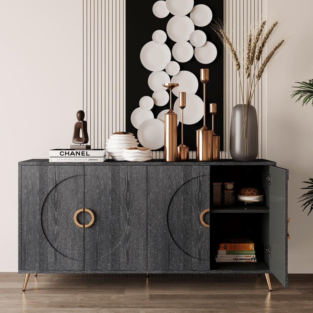Distressed Black Engineered Wood Sideboard with Adjustable Shelves and Golden Accents