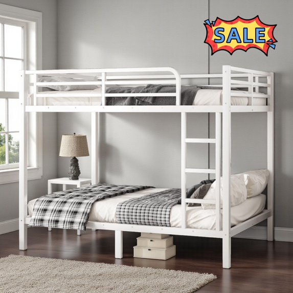 Tcbosik Bunk Bed Full Over Full Size, Heavy Duty Metal Bed Frame with Ladder and Guardrail, No Box Spring Needed, Off White