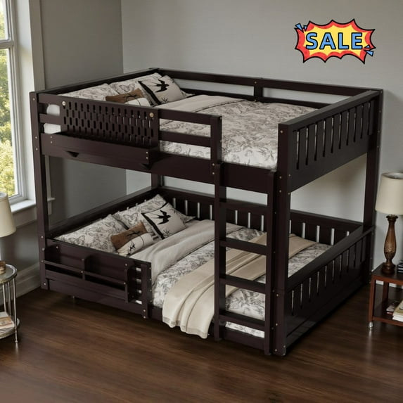 Tcbosik Bunk Bed Queen Over Queen Size with Pegboard and Bookshelf, Wood Bed Frame with Built-in Ladder and Full Length Guardrail, No Box Spring Needed, Espresso