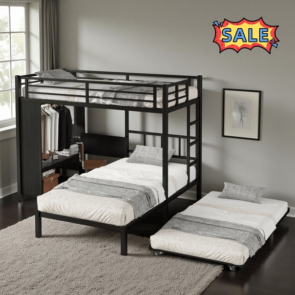 Tcbosik Bunk Bed with Trundle, Wardrobe and Foldable Desk, Twin Over Twin Size Metal Bed Frame with Side Ladder and Safety Guardrail, No Box Spring Needed, Black