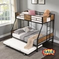 thumbnail image 1 of Tcbosik Bunk Bed Twin Over Full Size with Trundle, Bed Frame with Built-in Ladder and Full Length Guardrail, Heavy Duty Metal Slats Support, Easy Assembly, Black & Brown, 1 of 9
