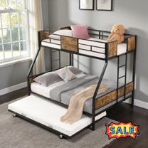 Tcbosik Bunk Bed Twin Over Full Size with Trundle, Bed Frame with Built-in Ladder and Full Length Guardrail, Heavy Duty Metal Slats Support, Easy Assembly, Black & Brown