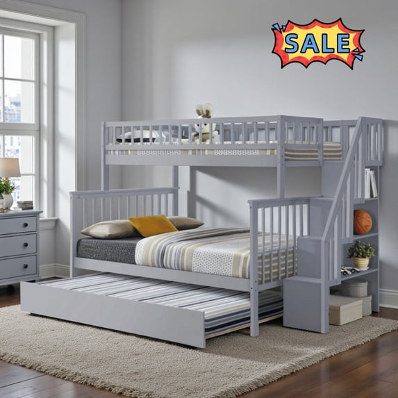 Tcbosik Bunk Bed Twin Over Full Size with Trundle and Open Shelves, Bed Frame with Stairs and Safety Guardrail for Bedroom, Guest Room, Easy Assembly, Grey