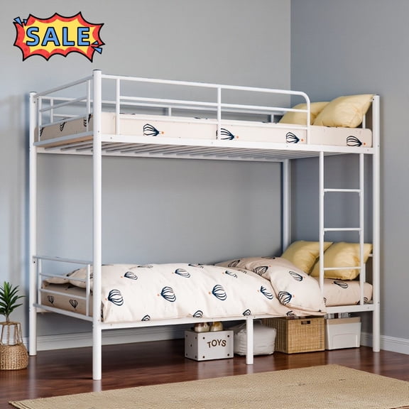 Tcbosik Bunk Bed Twin Over Twin Size, Heavy Duty Metal Bed Frame with Ladder and Guardrail for Bedroom, Space Saving, White
