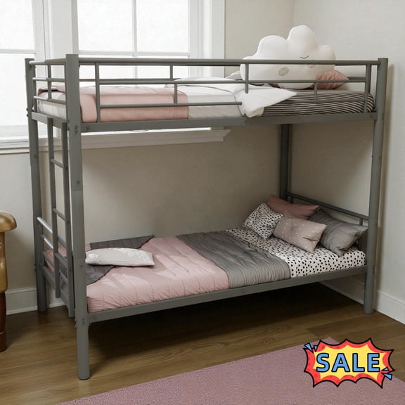 Tcbosik Bunk Bed Twin Over Twin Size, Heavy Duty Metal Bed Frame with Side Ladder & Safety Guardrail, No Box Spring Needed, Silver