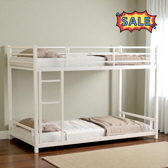 Tcbosik Bunk Bed Twin Over Twin Size, Bed Frame with Built-in Ladder and Full-Length Guardrail, Heavy Duty Metal Slats Support, No Box Spring Needed, White