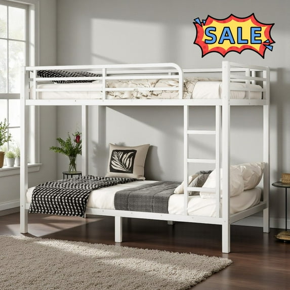 Tcbosik Bunk Bed Twin XL Over Twin XL Size, Heavy Duty Metal Bed Frame with Safety Guardrail & Ladder, Saving Design, Noise Reduced, No Box Spring Needed, Off White