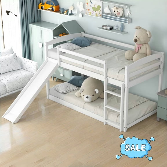 Tcbosik Bunk Bed with Convertible Slide, Twin Over Twin Size Bed Frame with Ladder and Guardrail, No Box Spring Needed, White