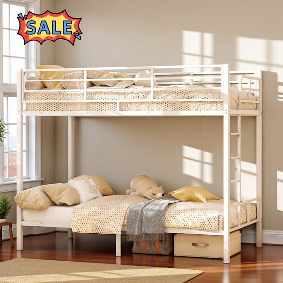 Tcbosik Bunk Bed with Ladder and Guardrail, Twin Over Twin Size Bed Frame, Heavy Duty Metal Slats Support, No Box Spring Needed, White