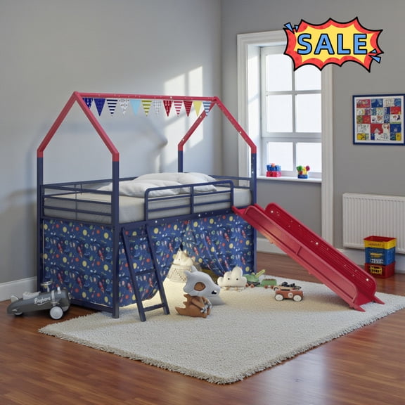 Tcbosik Bunk Bed with Slide, Twin Size House Shaped Bed Frame with Curtain Set, Star Stickers and Pennant Banner Flag, Metal Slats Support, Blue+Red