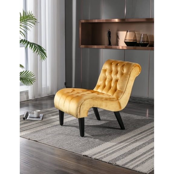 Tcbosik Button Tufted Accent Chair, Velvet Living Room Chair, Upholstered Armless Lounge Chair for Bedroom Living Room, Mustard