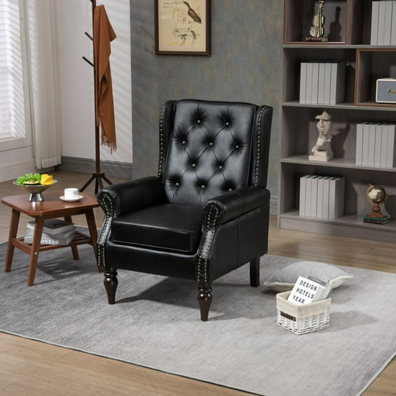 Tcbosik Button-Tufted Accent Chair with High Wingback, Rounded Cushioned Armrests and Thick Padded Seat, Black PU