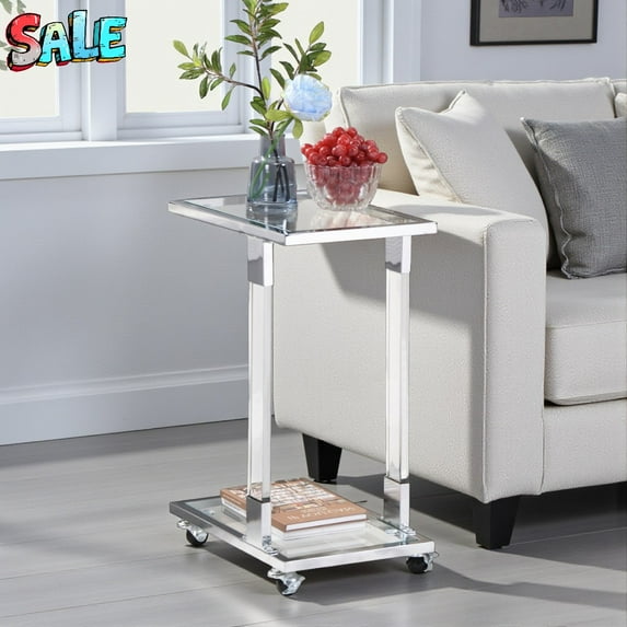 Tcbosik C-Shape Side Table with Glass-Top, Movable Acrylic End Desk for Living Room, Silver