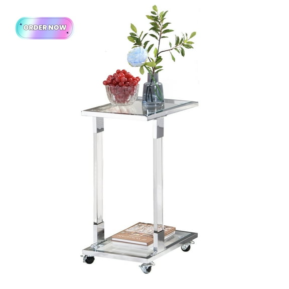 Tcbosik C-Shaped Sofa Side Table with Wheels, Rolling Bedside Table with Glass Top, Acrylic End Table with Metal Frame for Living Room, Chrome