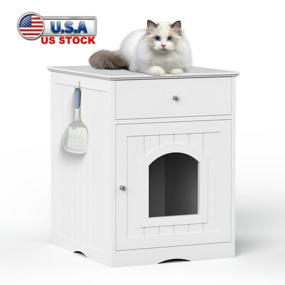 Tcbosik Cat Litter Box Enclosure, Hidden Litter Box Furniture with Storage Drawer, Indoor Pet House, Nightstand Side Table for Bedroom, Living Room, White
