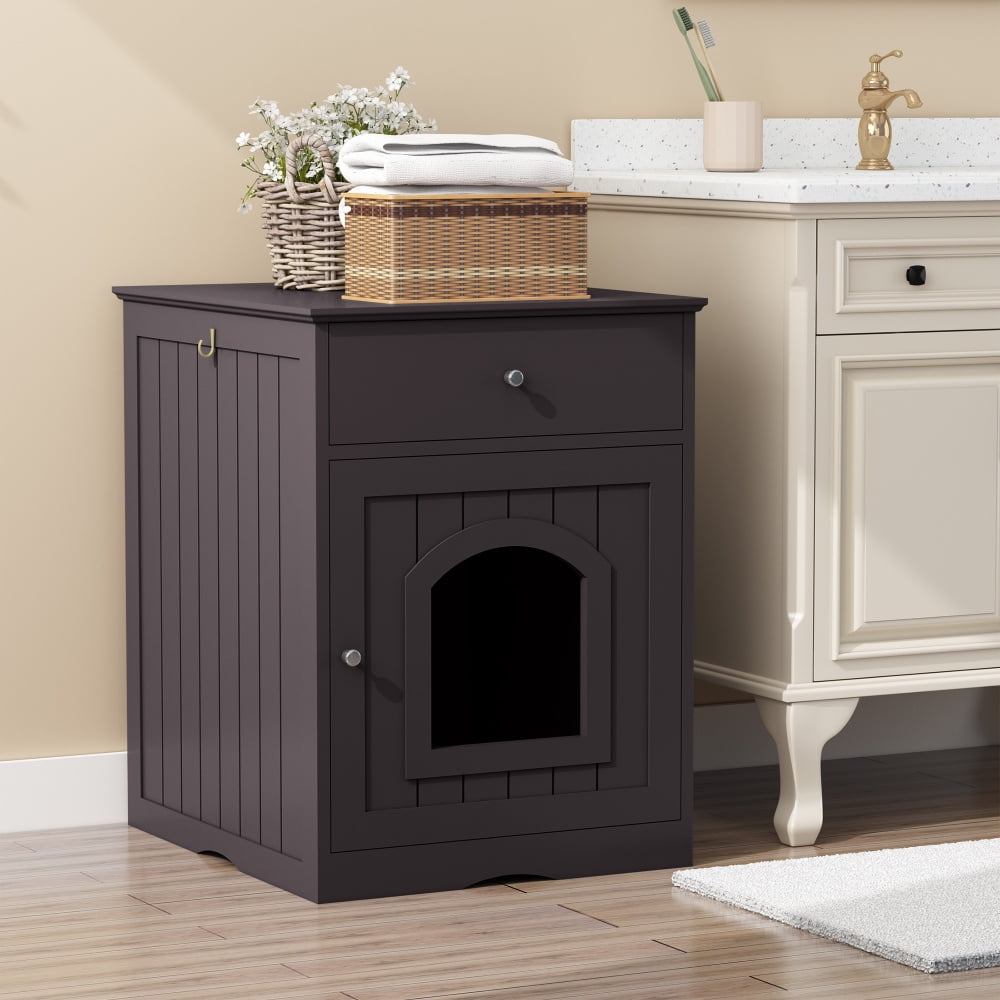 Brown Wooden Cat Litter Box Enclosure with Drawer