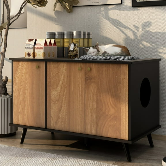 Tcbosik Cat Litter Box Furniture w/Shelf and Doors, Hidden Litter Box Furniture, Cat House Storage Cabinet with Power Outlet, Cat Litter Box Enclosure for Hallway Entryway Living Room, Black & Brown