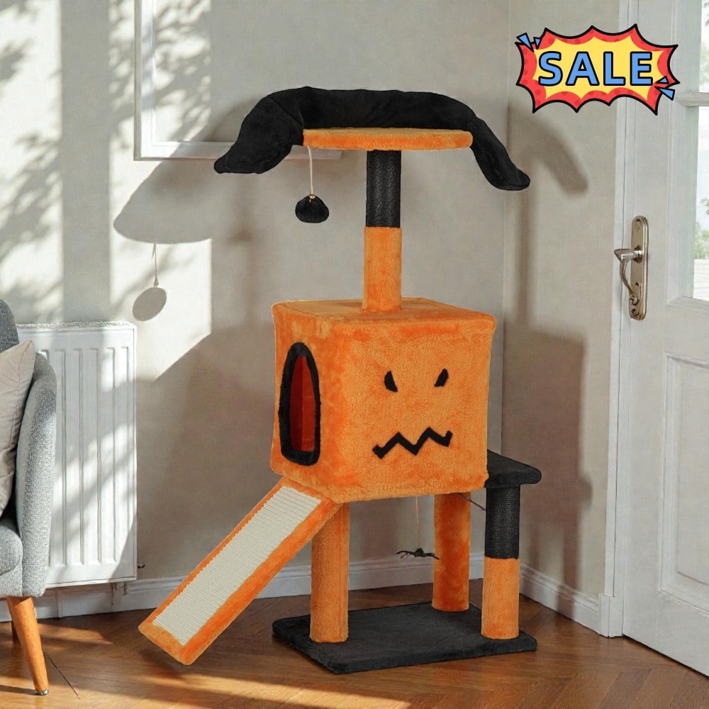 Tcbosik Cat Tree, 39.4 inch Halloween Cat Tower with Perch and Cat Condo, Cat Activity Center with Sisal Scratching Posts and Hanging Toys, Orange & Black