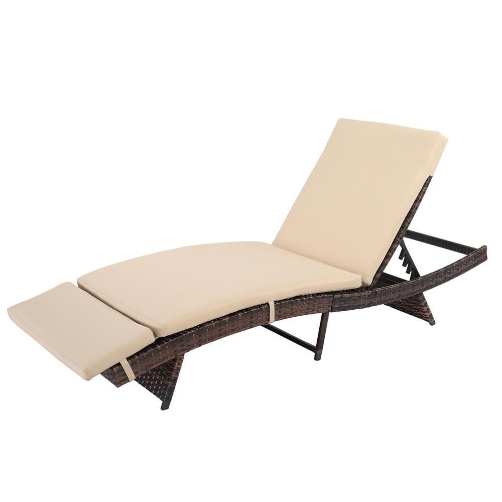 Brown Wicker Outdoor Chaise Lounge with Beige Cushions