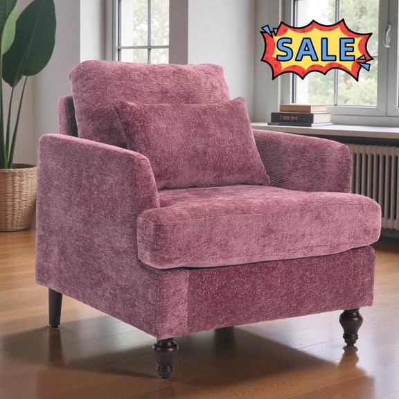 Tcbosik Chenille Fabric Upholstered Accent Chair, Comfy Reading Armchair with Wood Frame for Living Room, Bedroom, Wine Red