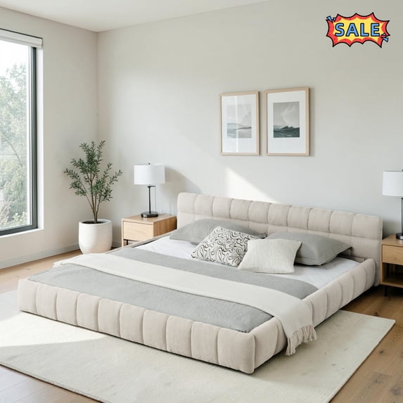 Tcbosik Chenille Fabric Upholstered Floor Platform Bed California King Size, Bed Frame with Wooden Slats Support for Bedroom, Beige