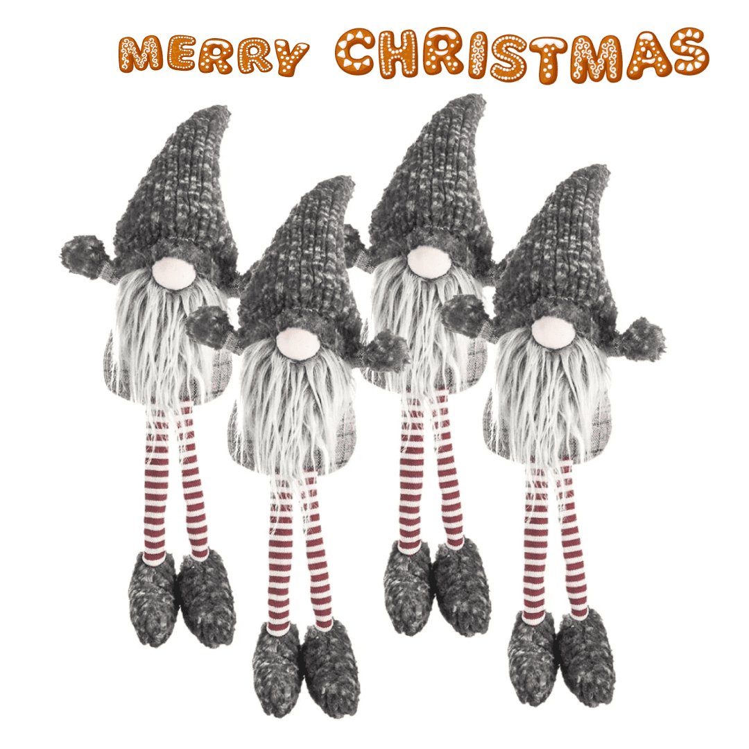 Gray Plush Christmas Gnomes with Striped Legs, Set of 4