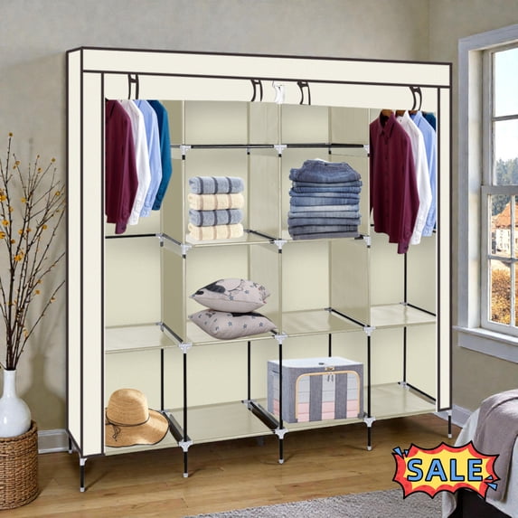 Tcbosik Closet Wardrobe with Non-Woven Fabric Cover and Side Pockets, Clothes Storage Organizer with Storage Shelves and Hanging Rods, Easy Assembly, Beige