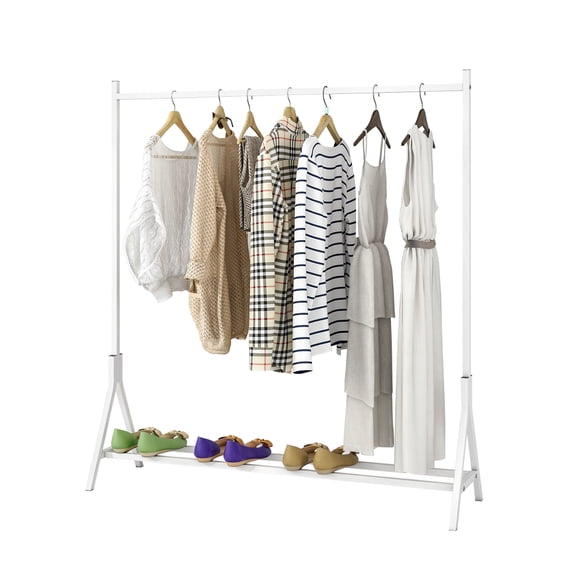 Tcbosik Clothes Rack, Freestanding Garment Rack with Metal Frame, Clothes Organizer Bottom Shelf for Hanging Clothes Coats Skirts Shirts Sweaters, White